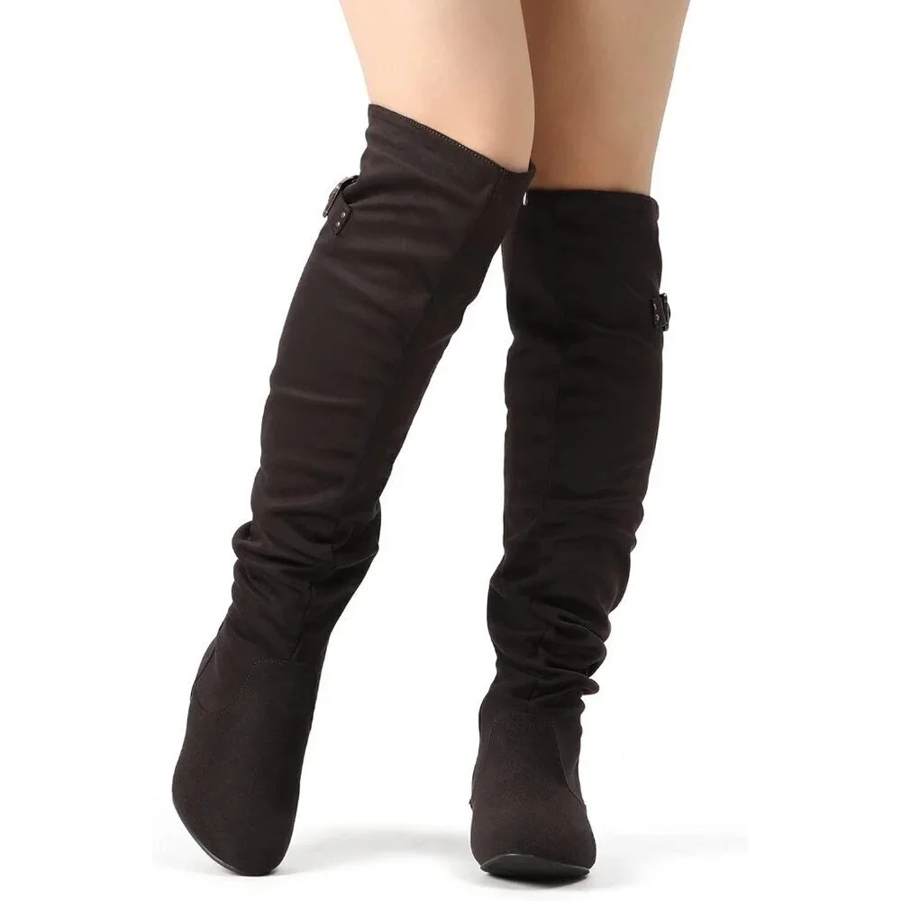 Women's Brown Suede Over The Knee Thigh High Winter Low Heel Western Boots